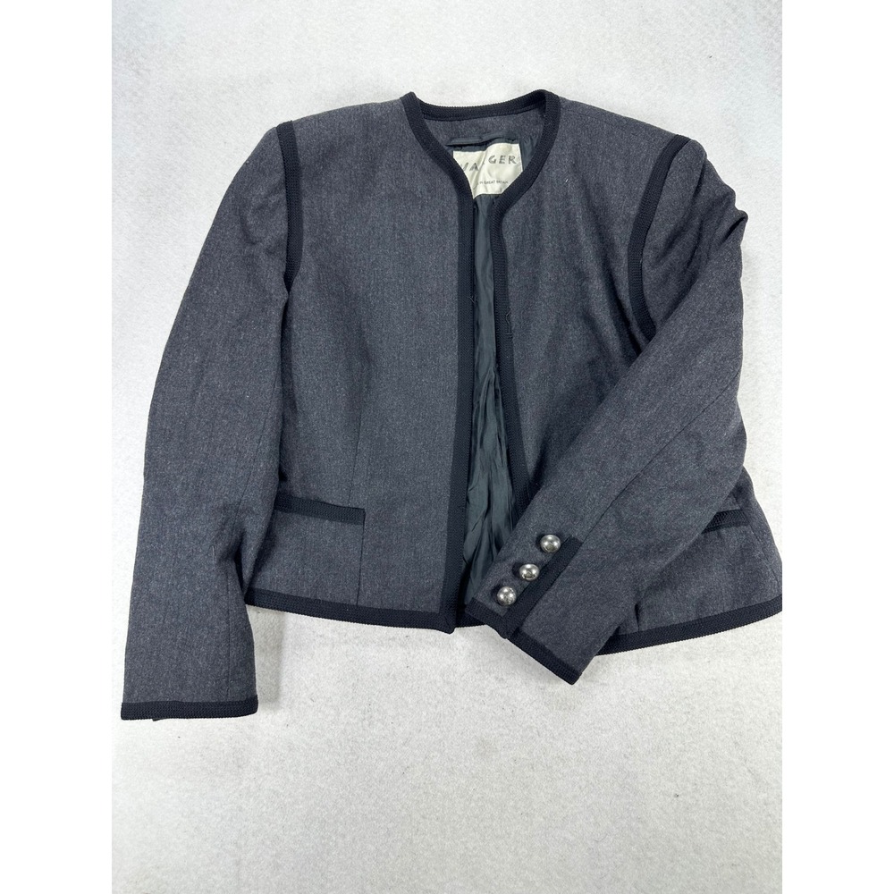 Jaeger Great Britain Gray Wool Blend Collarless Blazer Jacket Cropped 12
